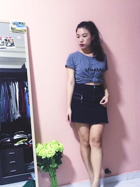 「MANGO（マンゴ）のアイテム（Tシャツ/カットソー、グレー系）」を使った、shelooksawayさん（レディース・158cm）の夏コーディネート