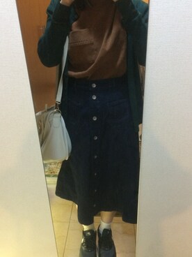 「w closet（ダブルクローゼット）の裾フリンジ前開きデニムスカート（スカート、レッド系）」を使った、yuuu＊さん（レディース・157cm）の秋コーディネート
