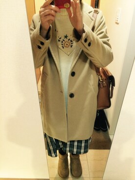 「JEANASIS（ジーナシス）のフロントキートートバッグ/559766（ショルダーバッグ、ブラウン系）」を使った、yuuu＊さん（レディース・157cm）の冬コーディネート
