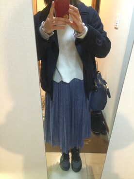 「w closet（ダブルクローゼット）のデニム風チュールプリーツスカート（スカート、ブルー系）」を使った、yuuu＊さん（レディース・157cm）の冬コーディネート
