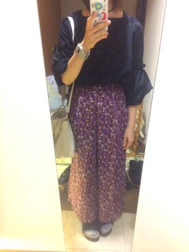 「w closet（ダブルクローゼット）の小花柄レースアップワイドパンツ（パンツ、レッド系）」を使った、yuuu＊さん（レディース・157cm）の秋コーディネート