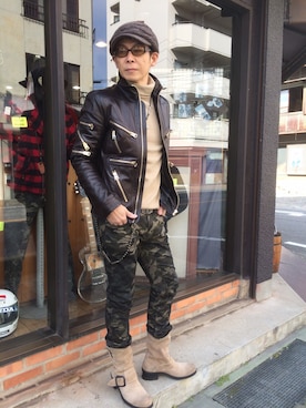 「DOLCE&GABBANA（ドルチェアンドガッバーナ）のアイテム（ライダースジャケット）」を使った、Keiichirou Moriさん（メンズ・175cm）の冬コーディネート