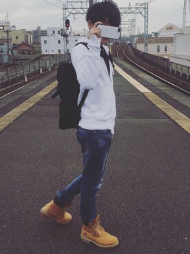 「※ALPHA（アルファ）のアイテム（バックパック/リュック）」を使った、べっぷんさん（メンズ・170cm）の冬コーディネート