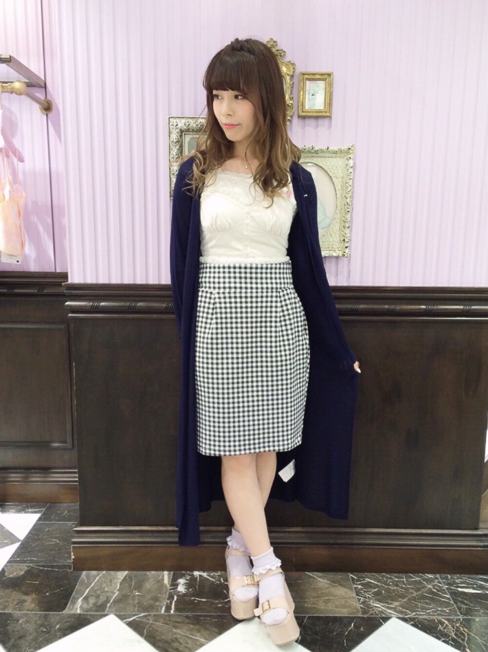 「チェックタイトスカート、ロングカーディガン、レース、E hyphen world gallery BonBon」｜「E hyphen world gallery Bon Bonの*Hooded Long Cardigan（カーディガン/ボレロ、ブルー系）」を使った、♡Ｓａｙａｋａ♡さん（レディース・160cm）の夏コーディネートの1枚目の写真