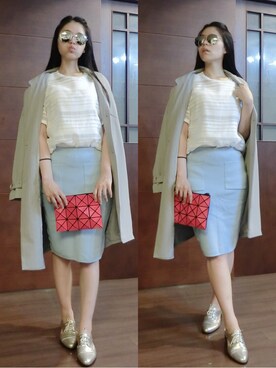 「BAO BAO ISSEY MIYAKE（バオバオイッセイミヤケ）のBILBAO LUCENT-2（ショルダーバッグ、ピンク系）」を使った、謝薇薇さん（レディース・168cm）の夏コーディネート