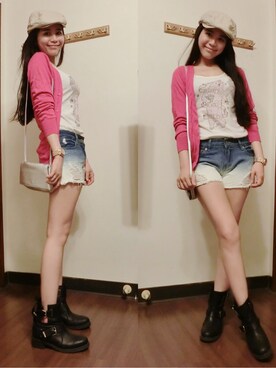 「PAZZO（パッゾ）のアイテム（ニット/セーター、ピンク系）」を使った、謝薇薇さん（レディース・168cm）の夏コーディネート