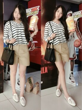 「ZARA（ザラ）の海軍襯衫（カーディガン/ボレロ、ブルー系）」を使った、謝薇薇さん（レディース・168cm）の夏コーディネート