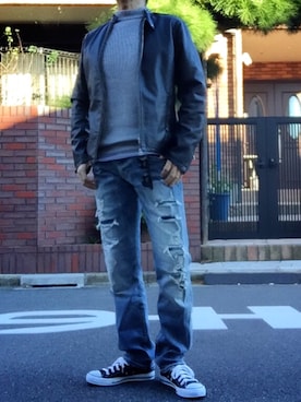 「AZUL by moussy（アズールバイマウジー）のアイテム（ライダースジャケット）」を使った、KAZUさん（メンズ・173cm）の冬コーディネート
