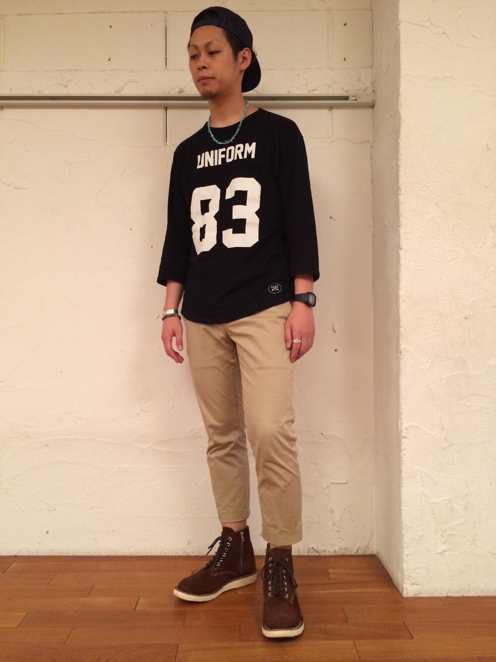 「SOPHNET.、uniform experiment、14aw、ナンバリングT」｜「S/DOUBLE のS/DOUBLE メッシュキャップ（キャップ、ブルー系）」を使った、jaguarさん（メンズ・178cm）の夏コーディネートの1枚目の写真