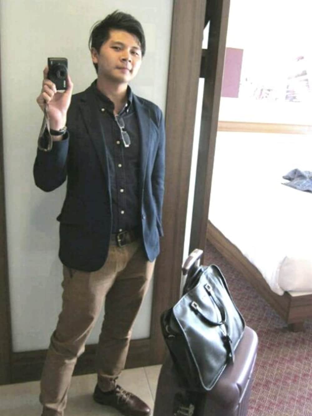 「business trip、business casual」｜「GUの（GU）ウールブレンドジャケット（ジャケット/アウター、ブルー系）」を使った、Jjさん（メンズ・175cm）の夏コーディネートの1枚目の写真