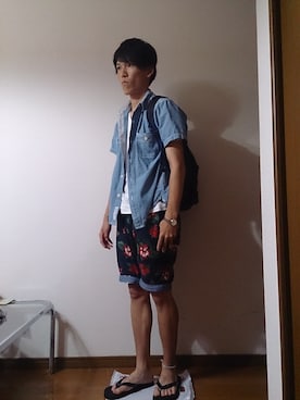 「ARMANI EXCHANGE（アルマーニエクスチェンジ）のアイテム（サンダル）」を使った、negiさん（メンズ・171cm）の夏コーディネート