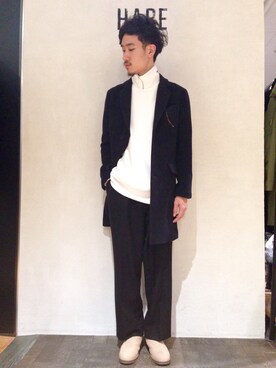 「スエット」｜「アイテム（チェスターコート）」を使った、青木/HAREHEPFIVEさん（メンズ・174cm）の秋コーディネート