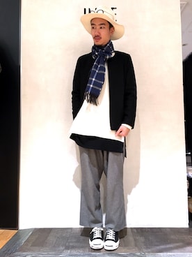 「HARE（ハレ）のアイテム（マフラー）」を使った、青木/HAREHEPFIVEさん（メンズ・174cm）の冬コーディネート