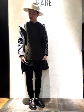 「HARE（ハレ）のアイテム（帽子）」を使った、青木/HAREHEPFIVEさん（メンズ・174cm）の冬コーディネート