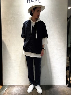 「HARE（ハレ）のアイテム（ハット）」を使った、青木/HAREHEPFIVEさん（メンズ・174cm）の春コーディネート
