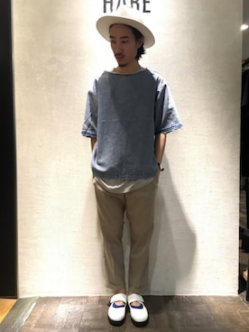 「HARE（ハレ）のアイテム（帽子）」を使った、青木/HAREHEPFIVEさん（メンズ・174cm）の春コーディネート