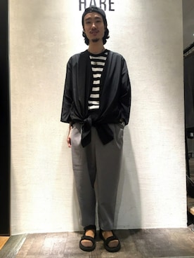 「HARE（ハレ）のアイテム（帽子）」を使った、青木/HAREHEPFIVEさん（メンズ・174cm）の春コーディネート