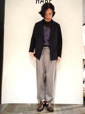 「HARE（ハレ）のブロッキングシャツ(HARE)（シャツ/ブラウス）」を使った、青木/HAREHEPFIVEさん（メンズ・174cm）の春コーディネート