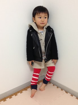 「アイテム（ライダースジャケット）」を使った、haru＊shunさん（キッズ・90cm）の冬コーディネート