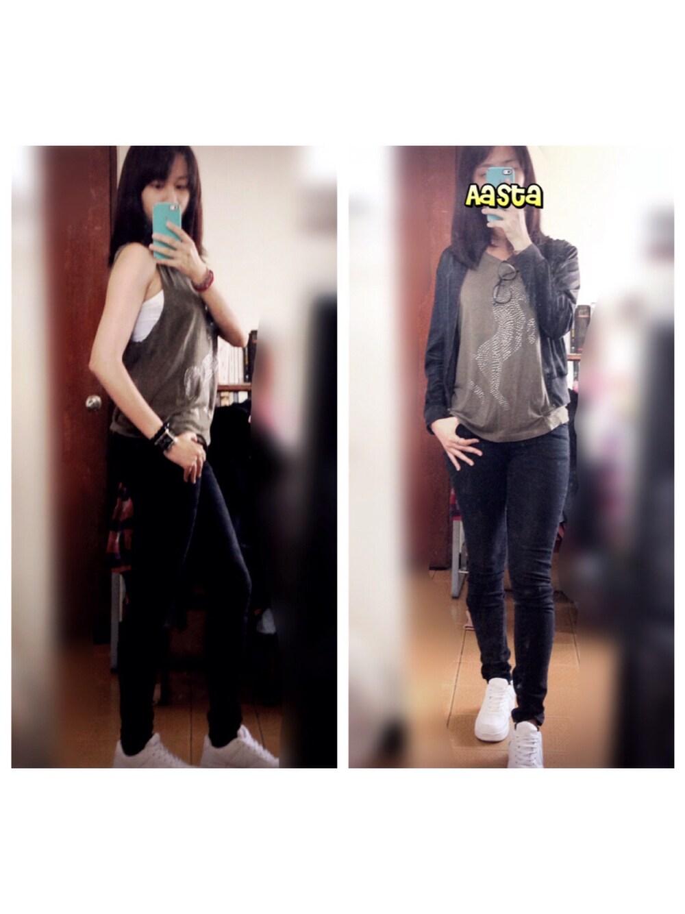 「ootd、rock、jeans」｜「NIKEのNIKE  ナイキ　AIR FORCE 1 (GS)  エアフォース  1 (GS)  314192（スニーカー、ホワイト系）」を使った、Aasta ＊Asukaさん（レディース・162cm）の秋コーディネートの1枚目の写真