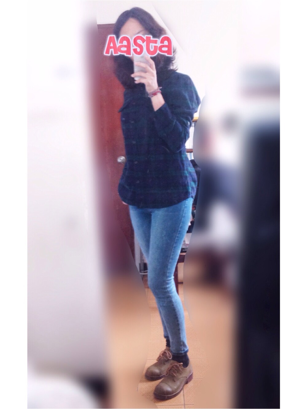 「autumn、check shirt」｜「NETのアイテム（シャツ/ブラウス、グリーン系）」を使った、Aasta ＊Asukaさん（レディース・162cm）の秋コーディネートの1枚目の写真