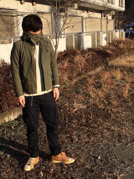 「HARE（ハレ）のアイテム（モッズコート）」を使った、カズさん（メンズ・177cm）の冬コーディネート