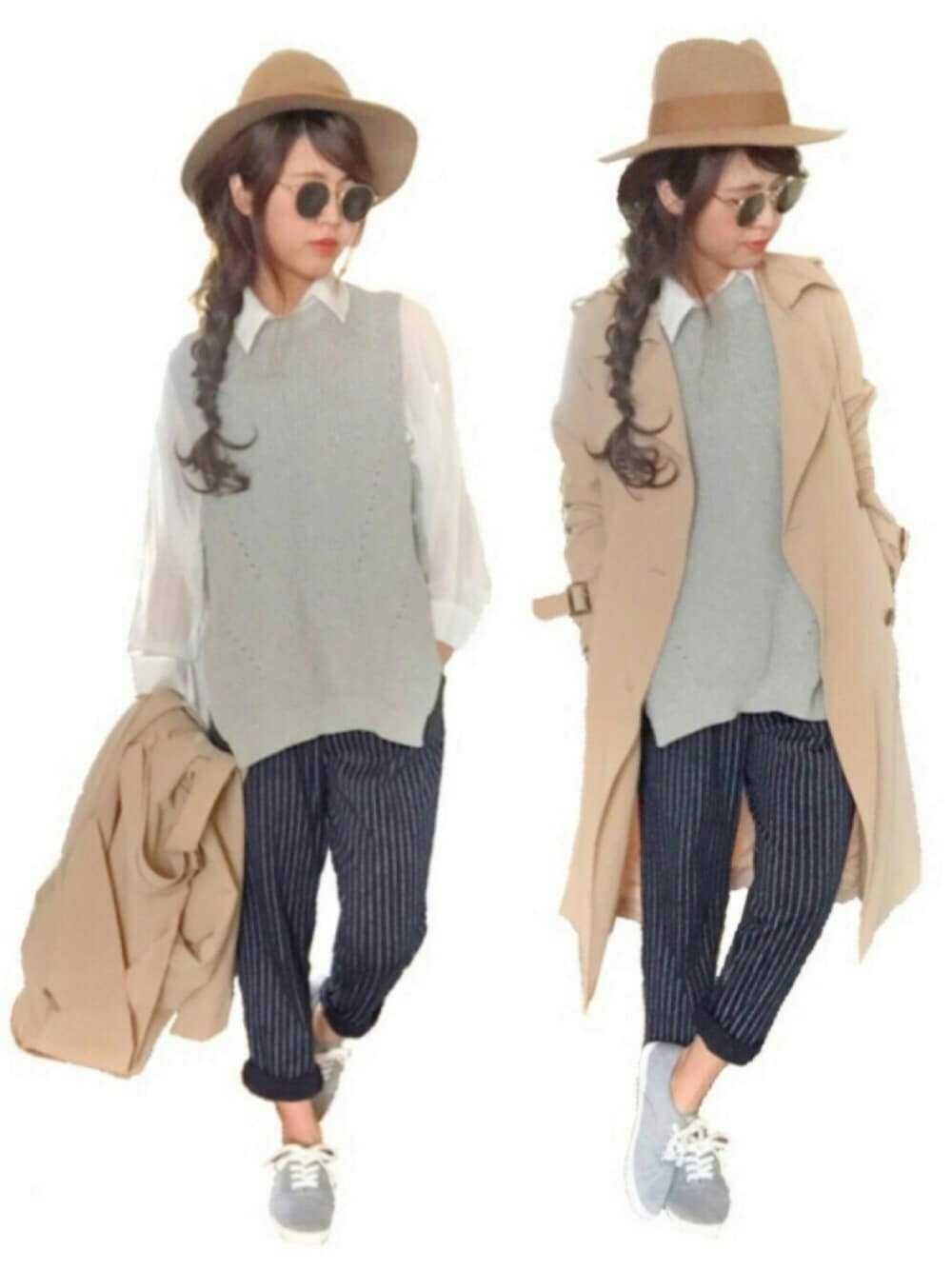 ベージュ系のトレンチコート、グレー系のニット/セーター、ブルー系のパンツを着用したレディースの冬コーディネートの1枚目の写真