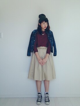 「パールアクセ」｜「アイテム（ニットキャップ/ビーニー）」を使った、eicoさん（レディース・158cm）の春コーディネート