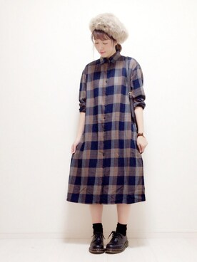 「チェックシャツワンピース」｜「アイテム（ハンチング/ベレー帽）」を使った、eicoさん（レディース・158cm）の秋コーディネート