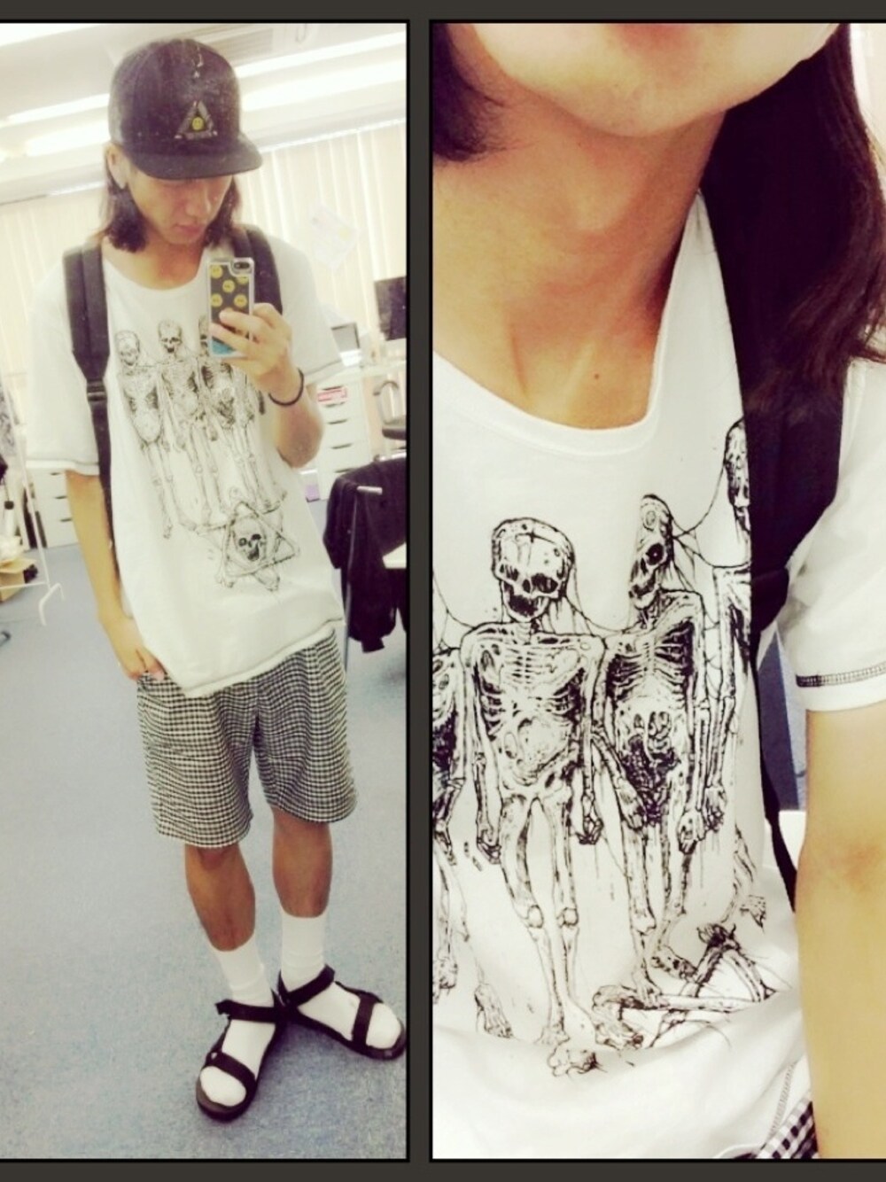 「teva、JOYRICH、AMBUSH、HIRO、ビッグT、ギンガムチェック、キャップ、ホワイト」｜「HIROのアイテム（Tシャツ/カットソー、ホワイト系）」を使った、h1さん（メンズ・171cm）の夏コーディネートの1枚目の写真