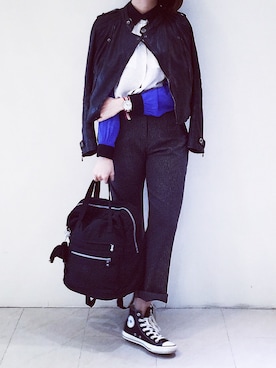 「blue」｜「アイテム（ライダースジャケット）」を使った、#HeidiStyleさん（レディース・161cm）の冬コーディネート