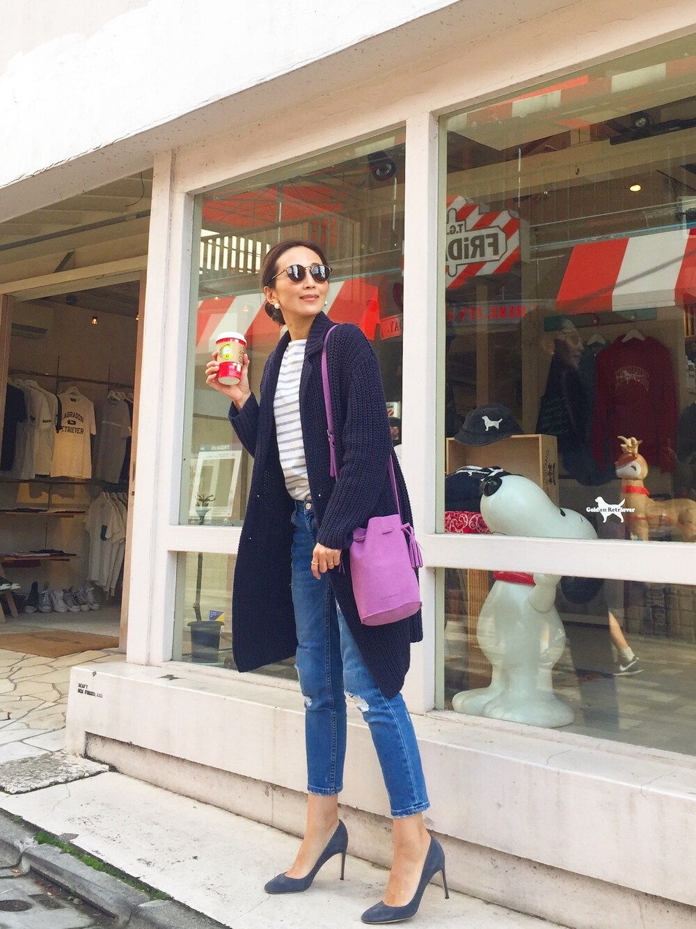 「ボーダー、デニムパンツ、ZARA、sergio rossi、RHC、大人カジュアル、シンプル、プチプラコーデ、ママコーデ」｜「ronhermanのアイテム（カーディガン/ボレロ、ブルー系）」を使った、Honey_conaさん（レディース・164cm）の冬コーディネートの1枚目の写真