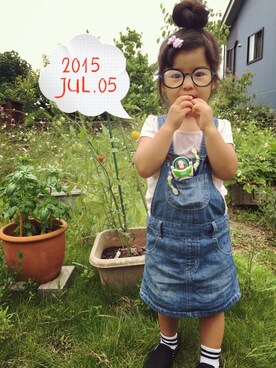 「ピンクTシャツ」｜「アイテム（オールインワン・サロペット）」を使った、Kiraさん（キッズ・90cm）の夏コーディネート