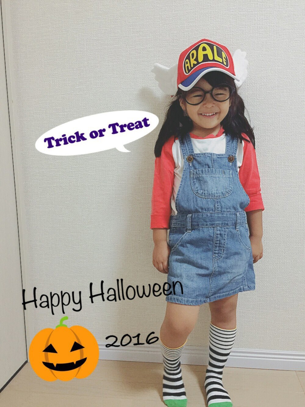「ハロウィンコーデ、アラレちゃん、めがね、キッズ、しましまソックス、WEAR HALLOWEEN 2016、HALLOWEEN2016」｜「DAISOのアイテム（ソックス/靴下、その他）」を使った、Kiraさん（キッズ・100cm）の秋コーディネートの1枚目の写真