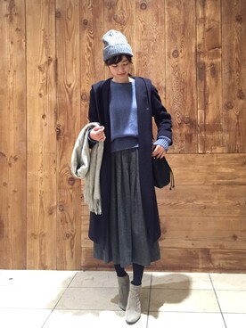 「HELIOPOLE（エリオポール）のアイテム（帽子）」を使った、森本奈緒さん（レディース・168cm）の冬コーディネート