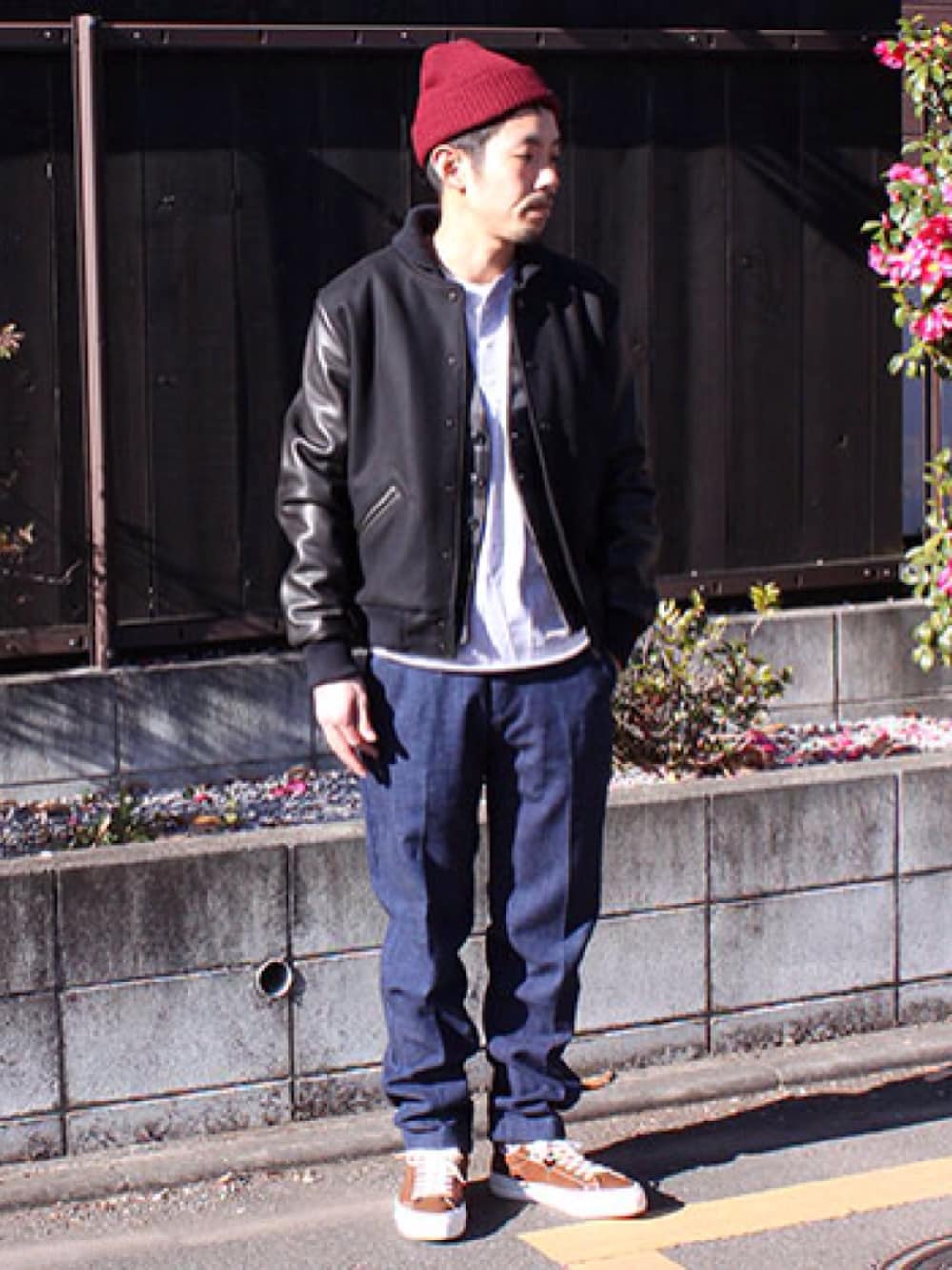 「スタジャン、スラックス、ベスト、重ね着」｜「dehenのアイテム（スタジャン、ブラック系）」を使った、miamirecords さん（メンズ・173cm）の冬コーディネートの1枚目の写真