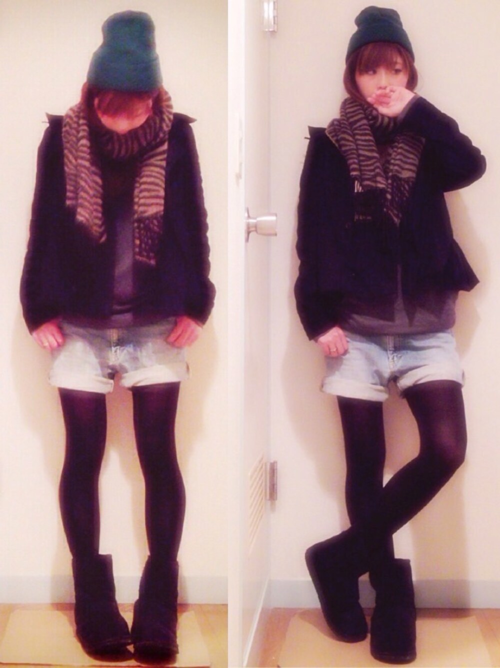 ブラック系のブルゾン、ブルー系のデニムパンツ、ブラック系のブーツを着用したレディースの秋コーディネートの1枚目の写真