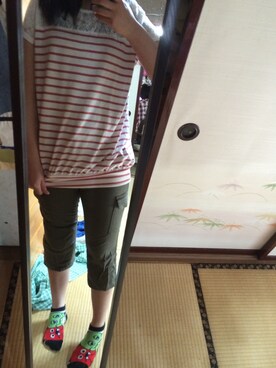 「LOWRYS FARM（ローリーズファーム）のボーダー（Tシャツ/カットソー、レッド系）」を使った、なおさん（レディース・167cm）の夏コーディネート
