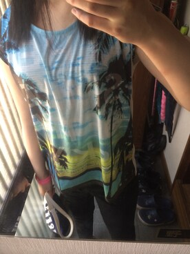 「しまむら（シマムラ）のアイテム（Tシャツ/カットソー、ブルー系）」を使った、なおさん（レディース・167cm）の夏コーディネート
