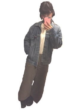 「カシミヤ」｜「アイテム（デニムジャケット）」を使った、のほのほさん（レディース・154cm）の冬コーディネート