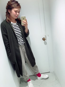 「Dot＆Stripes CHILD WOMAN（ドットアンドストライプス　チャイルドウーマン）のライトブランケットニット　ロングカーデ（カーディガン/ボレロ、グリーン系）」を使った、chisatoさん（レディース・161cm）の冬コーディネート