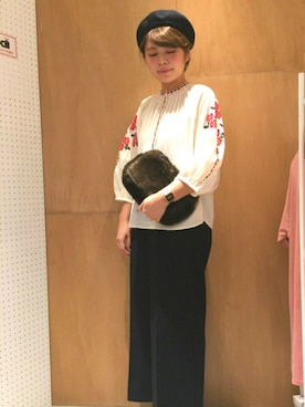 「CHILD WOMAN（チャイルドウーマン）のクロスステッチ刺繍　ボリュームブラウス（シャツ/ブラウス、ホワイト系）」を使った、chisatoさん（レディース・161cm）の夏コーディネート