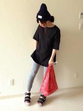 「7月WEAR夏のサンダル祭り」｜「アイテム（ニットキャップ/ビーニー）」を使った、chakoさん（レディース・155cm）の夏コーディネート