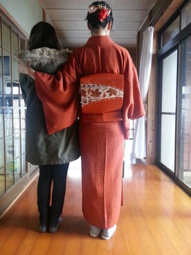 「アイテム（水着/着物・浴衣、レッド系）」を使った、chisatoさん（レディース・166cm）の冬コーディネート