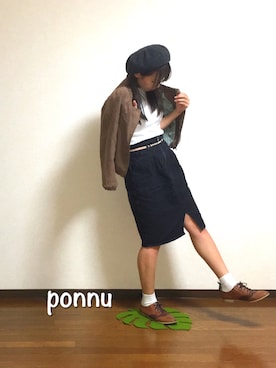 「オックスフォードシューズ」｜「アイテム（ハンチング/ベレー帽）」を使った、ponnuさん（レディース・160cm）の秋コーディネート