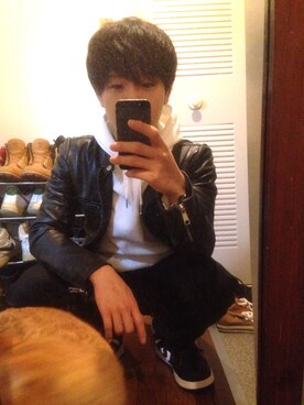 「roshell（ロシェル）のアイテム（ライダースジャケット）」を使った、人生変える男さん（メンズ・163cm）の秋コーディネート