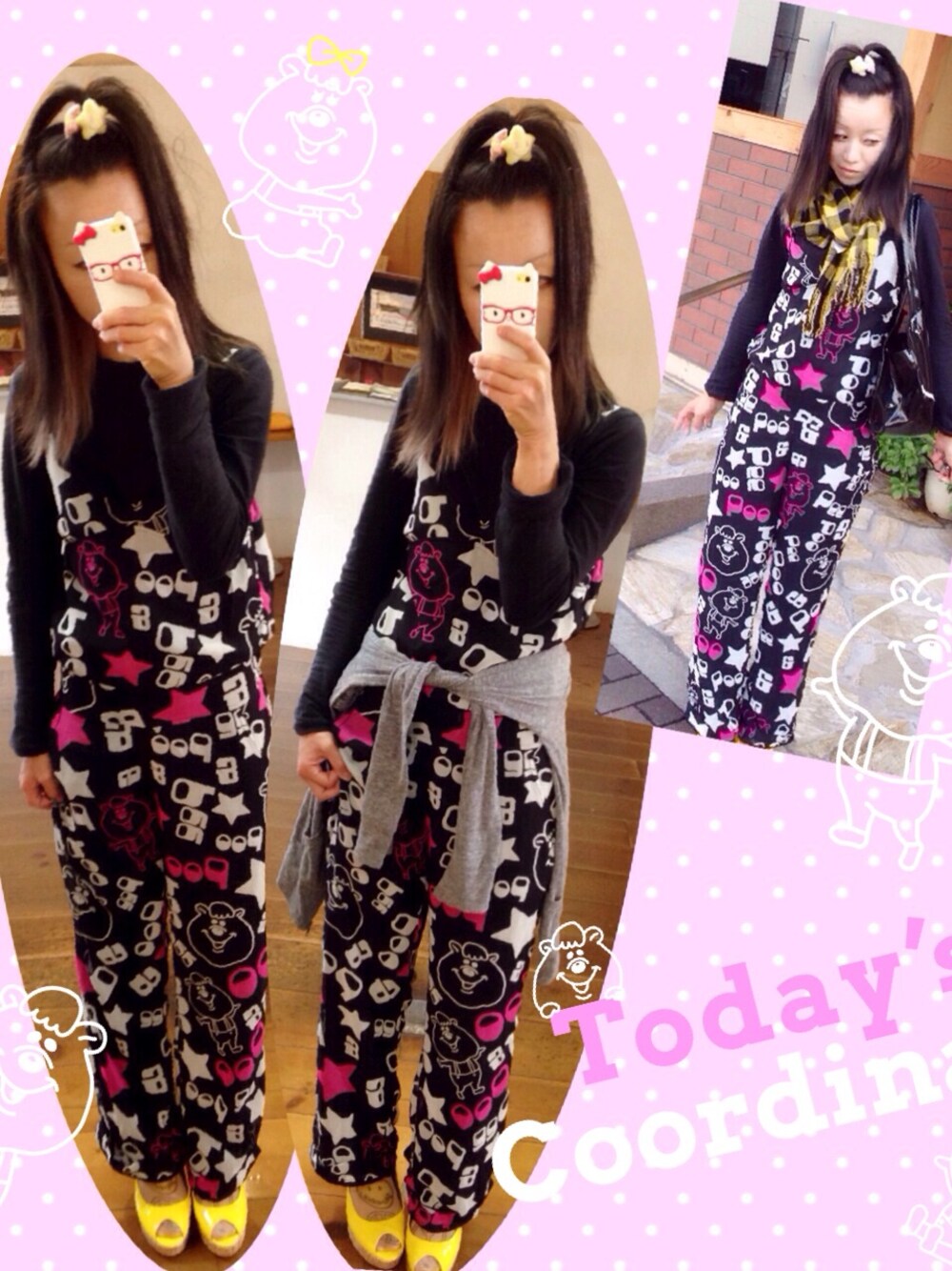 「ソックス×パンプス、クマタン、ニコちゃん、からし色、パーカー腰巻き、ストール」｜「Aymmy in the batty girlsのSMILY プールバッグ（トートバッグ、ブラック系）」を使った、いく☆さん（レディース・153cm）の秋コーディネートの1枚目の写真