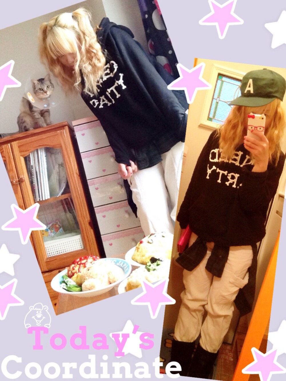 「ワイドパンツ、モノトーンコーデ、チェックシャツ、オーバーオール、コーデュロイ、パーカー、キャップ、シャツ腰巻き、ムートンブーツ、ブーツイン」｜「WCのwc/デビル耳パーカー（パーカー、ブラック系）」を使った、いく☆さん（レディース・153cm）の春コーディネートの1枚目の写真