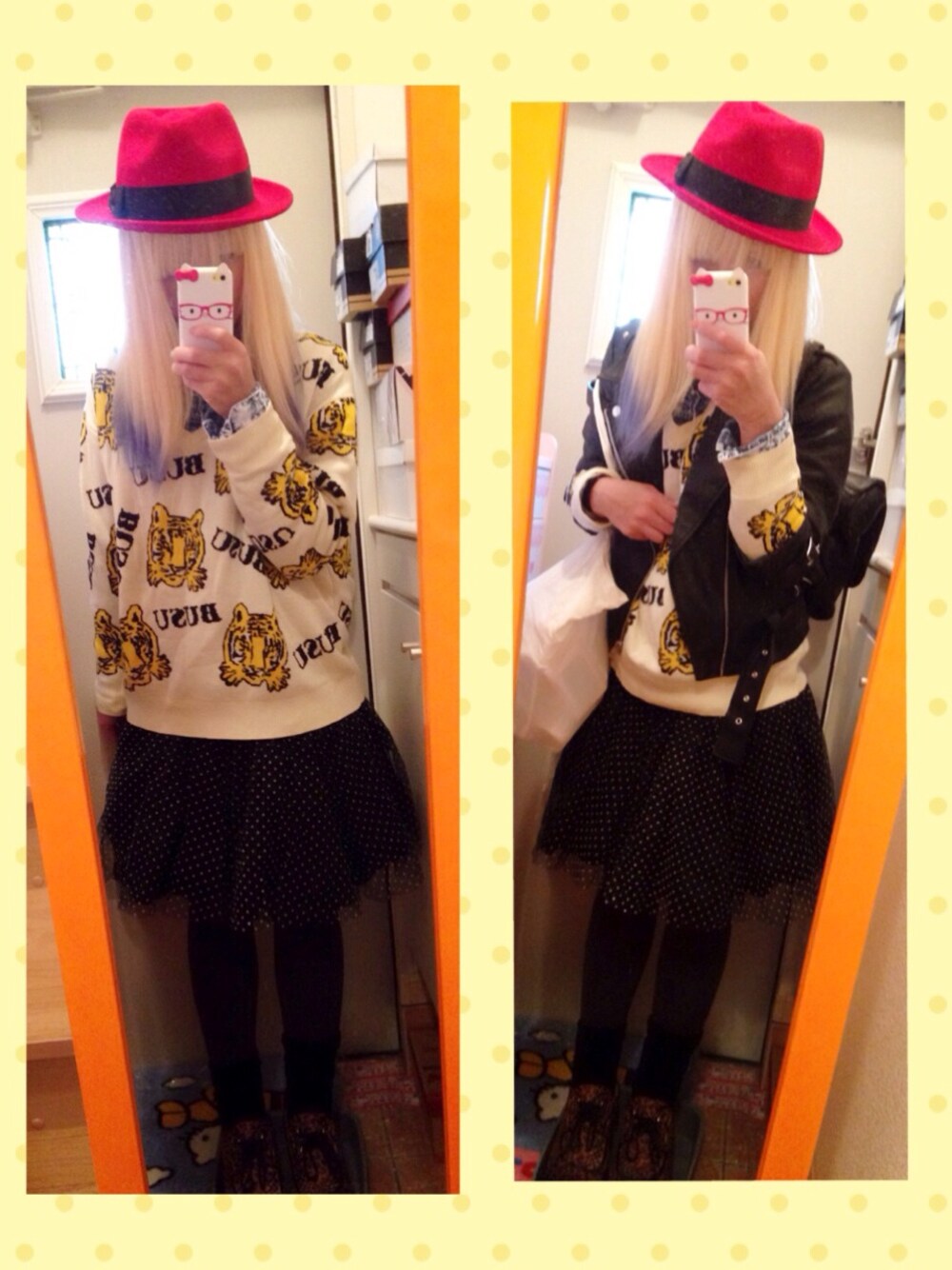 ブラック系のライダースジャケット、ブラック系のスカート、イエロー系のニット/セーターを着用したレディースの春コーディネートの1枚目の写真