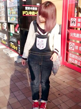 「ラインニット」｜「アイテム（サロペット/オーバーオール）」を使った、いく☆さん（レディース・153cm）の冬コーディネート